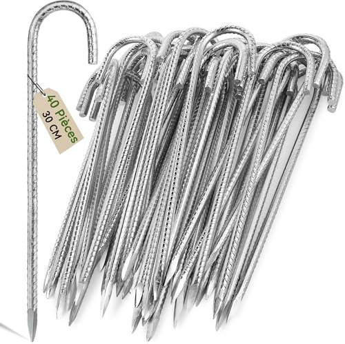 Graxury 40Packs 12inch Heavy Duty Trampoline Tents Anchor Ground Pegs - Galvanized Steel Rust-Proof J Hook Rebar Stakes Fit Trampolines Camp Garden Shed Swings with Chisel Point End