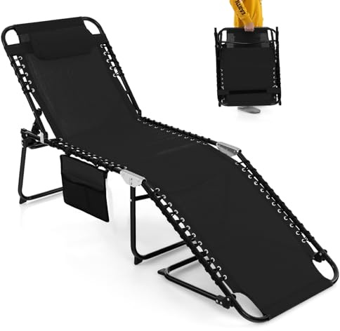 COSTWAY Folding Sun Lounger, 4-Level Adjustable Garden Reclining Chaise Lounge Chair Sunbed with Pillow and Side Pocket, Portable Outdoor Sunbathing Recliner for Patio Pool Beach (Black, 168x59x86cm)