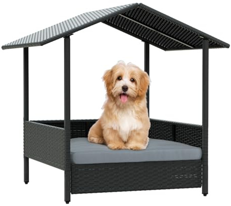 LEMBERI Outdoor Rattan Dog House with Canopy, Indoor Dog Bed for Small/Medium Dogs with Removable Cushion, Washable Cover, Dog Shelter for Patio, Deck, Yard, Pool, Black