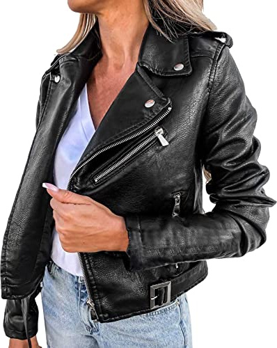 Chaqueta De Cuero Mujer Larga, Cazadora Bomber Piel Mujer Bomber Mujer Manga Larga con Cremallera, Cortavientos, Cuello Alto, Abrigos De Motociclista De PU Trench Coat Mujer Chaqueta Corta De PU