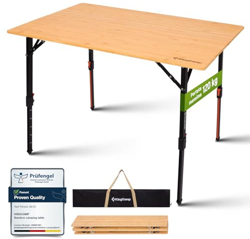 KingCamp Tavolo da campeggio pieghevole in bambù naturale, regolabile in altezza (42-70 cm), portata 120 kg, robusto pieghevole per campeggio, giardino e picnic