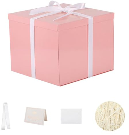 Rosado Caja Regalo Grande 32x32x25 cm, Cuadrado Cajas de Regalo Premium con Tapa y Cinta para Regalos de San Valentín, Navidad, Bodas, Navidad Incluye Papel seda triturado Tarjetas sobre