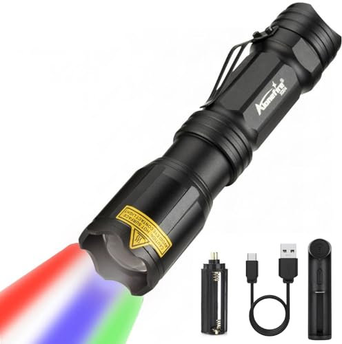 Alonefire X004 4 Couleur Puissante Lampe de poche Multicolore LED Rechargeable Rouge/Vert/Bleu/Blanc Lampe Torche étanche Zoomable avec Batterie Lithium, Chargeur pour le Camping Randonnée Militaire