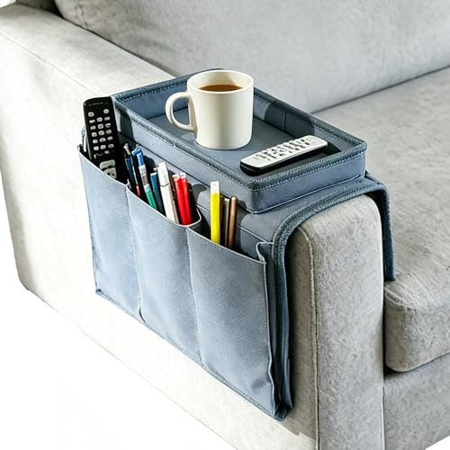 BEISIJIA Organizador de reposabrazos con bandeja para tazas, sofá Caddy TV, soporte de almacenamiento teléfono móvil, tabletas, revistas, libros, gafas, cables, bebederos, aperitivos, bolsa de soporte