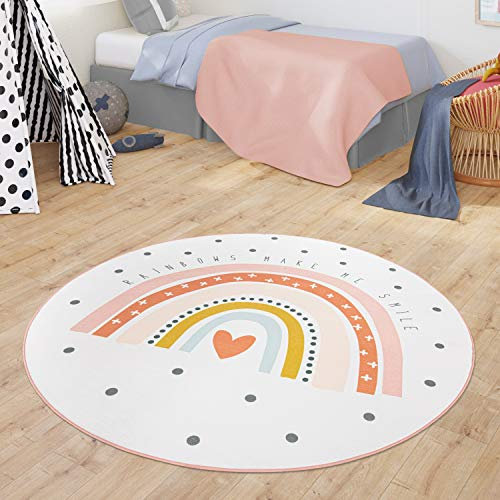 TT Home Alfombra Infantil Bebé Motivo Arco Iris con Diseño Corazón, Color:Crema, Tamaño:80 cm Redondo