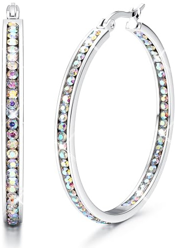 Adramata Silver Hoop Earrings for Women 316L Stainless Steel CZ Hoops | Sparkly Cubic Zirconia Simulated Diamond Silver Hoop Earrings,Hypoallergenic 40/50/60MM Large Hoops,Earrings for Women
