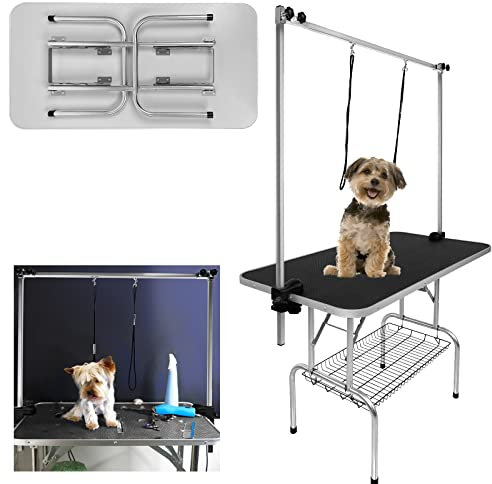 HENGMEI Trimmtisch für Hunde, Hundepflegetisch, Tierpflegetisch Schertisch mit Höhenverstellbarem Galgen, 2 Schlingen und Kratzfester Gummioberfläche, 113x60x76cm