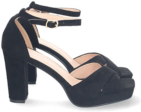 shoes&blues.es 72207-Sandalia de Tacon para Mujer, Comoda, Estilo Ankle Strap, con Palas Cruzadas, y Cierre de Hebilla, Primavera Verano 2023. Talla 40 Negro