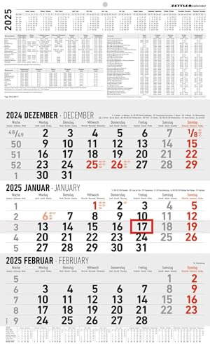 Zettler - 3-Monatskalender 2025, 30x48,8cm, Bürokalender mit Jahresübersicht, Datumsschieber, faltbar, 3 Monate auf einen Blick, Feiertage/Ferientermine DE/AT/CH und internationales Kalendarium
