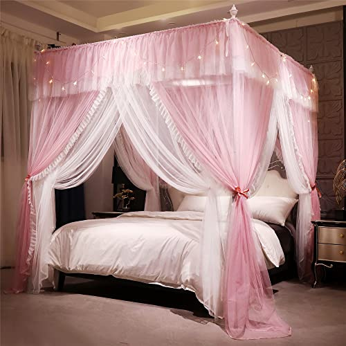 HUOQOU Baldacchino Principessa con Volants Cielo Letto Quadrato con 4 Aperture Zanzariera Doppio Strato per Camera Ragazza Decorazione Romantica Morbido e Traspirante(rosa/bianco,2Wx2,2Lx2,1H(m))