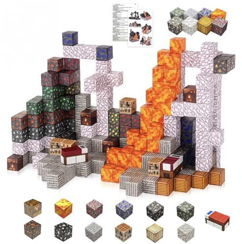Sternstunde Lot de 128 blocs de construction magnétiques, monde de construction magnétique, mine monde magnétique, grotte minière, kit de construction et d'apprentissage interactifs pour les enfants à