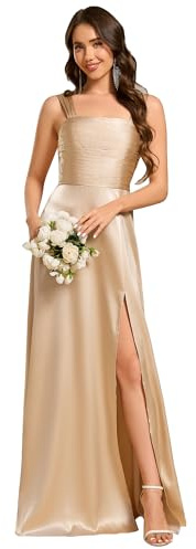 Ever-Pretty Vestidos de Dama de Honor Abertura Largo para Mujer Cuello Cuadrado Plisado Champán 48
