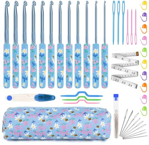 Aeelike Crochet Hooks Set, 12 Pcs Full Size Crochet Hook 2mm-8mm, Polymer Clay Handle Ergonomic Crochet Hooks Set with Case for Beginners Adults and Arthritic Hands, Metal Crochet Needles Set