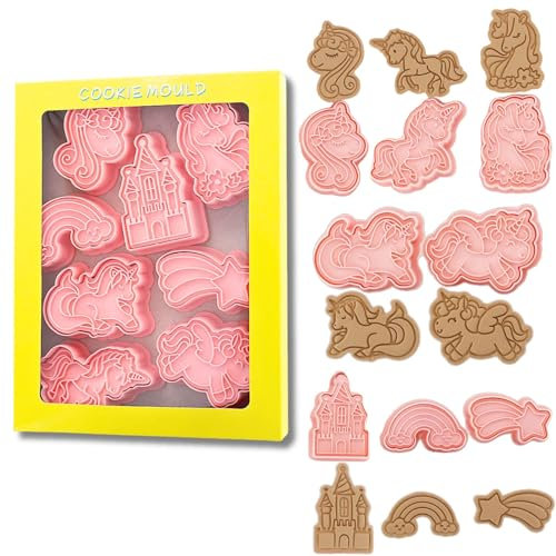 8Pcs with Plunger Stamps,3D Animal Unicorn Embossing Cutters,Moulds Cute Cookie Cutters for Kids Children DIY Chocolate Mould (Unicorn/8Pcs)