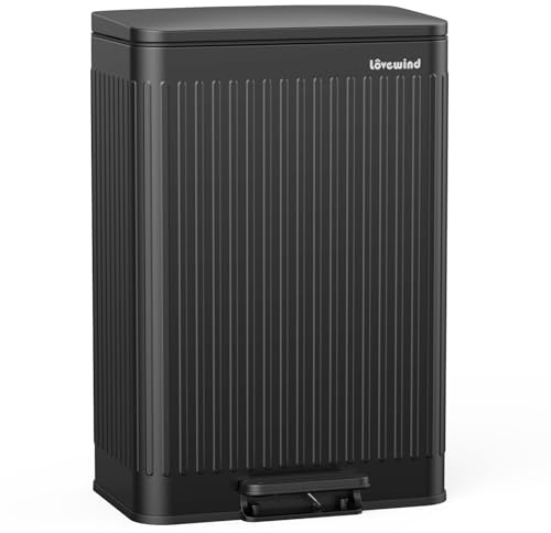 lovewind 60L Large Kitchen Trash Can, Black Stainless Steel Step Bin with Soft-Close Lid,Inner Buckets with Handles & Bag Fixer, Roman Pattern, Odor-Proof, Easy Clean for 3-6 Person Household