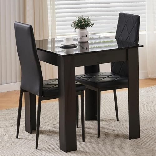 Homullel 75x75 cm Small Dining Table and 2 Chairs, 2 Seater Table and Chairs Set Kitchen Dining Room Set for 2, Compact, Space Saving, Wooden, Glossing Tabletop Black (2 Seats, Faux Leather Black #2)