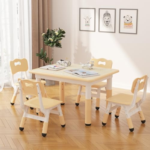 Mesa infantil con 4 sillas, grupo de mesa infantil de altura ajustable para niños y niñas a partir de 2 años, grupo de asientos infantiles con escritorio de graffiti y patas antideslizantes, muebles
