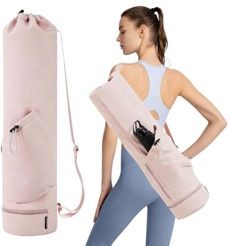 yotutun Sac pour Tapis de Yoga, Sac Yoga Tapis Rangement avec Bandoulière Réglable Imperméable Sac à Dos de Séparation Humide et Sèche pour Tapis de Gym (Rose)