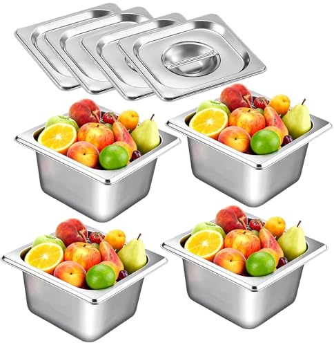 PRITOK Stainless Steel Gastronorm Pan 1/6: 4 Pack Square Stainless Steel Food Containers with Lids, Durable Stackable Gastronorm Pan 1/6 for Buffet, Restaurant, Home Use (17.5×16.5×10cm/Silver/1.5L)