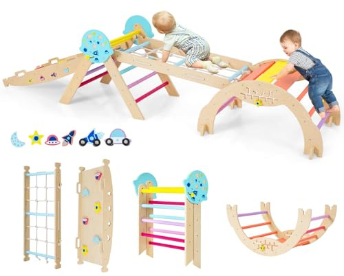 COSTWAY Klettergerüst Indoor 4er Set, klappabres Kletterdreieck mit Rutsche, Kletterbogen, Netz, inkl. doppelseitige Rampe, Baustein Set & 2 Autos, Universum Sprossendreieck Holz für Kinder ab 1 Jahr