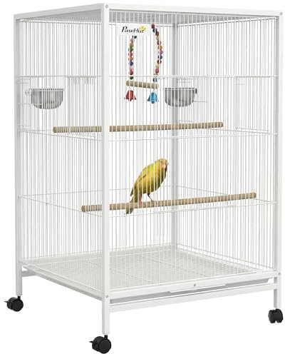 PawHut Jaula para Pájaros con Ruedas, Pajarera de Acero con Perchas, Columpio Bandeja Extraíble y Cuencos de Acero Inoxidable, Jaula Grande para Loros, Canario, Periquito, 48x46x78 cm, Blanco