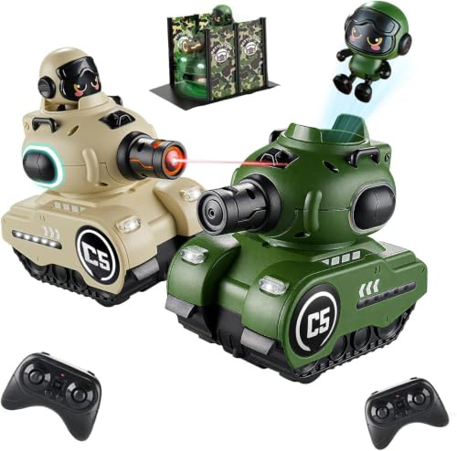 7JI 2 Pièces Téléguidées Chars de Combat, Catapulte Poupée Tanks Auto Jouet | 2.4 GHZ Télécommande Infrarouge Combat Char avec LED Lumière et Musique, RC Bataille Véhicule-Citerne pour 6+ Jahre Enfants