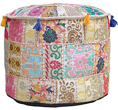 Aakriti Gallery - Funda redonda para puf con bordado indio étnico, para puf, reposapiés, otomana, color beis, 56 x 35 cm