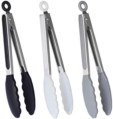 HINMAY Stainless Steel Handy Tongs with Silicone Tips 9 Cooking Tongs, Set of 3 (Black White Grey)
