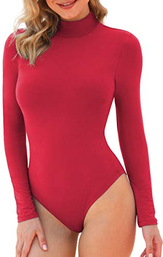 Women's Turtleneck high neck Long Sleeve Slim Fit Casual Sexy Basic Extender Bodysuit Daily Jumpsuit Shirts-04-red-Small