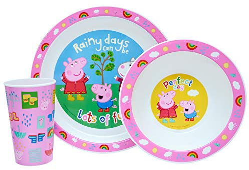 Peppa Pig Perfect Day Kids Tableware 3 Piece Reusable PP Plate, Bowl & Cup Children – Peppa, George Tumbler & Dinnerware Set for Mealtimes – for 24 Months & Up, Re-usable Plastic, Pink