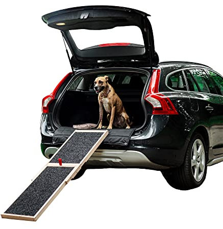 Holtaz Hunderampe Auto Klappbar rutschfest Hundeautorampe Kofferraumrampe Hundetreppe für Haustiere aus Holz Tierrampe Einstiegshilfe für Kofferraum 152x39cm