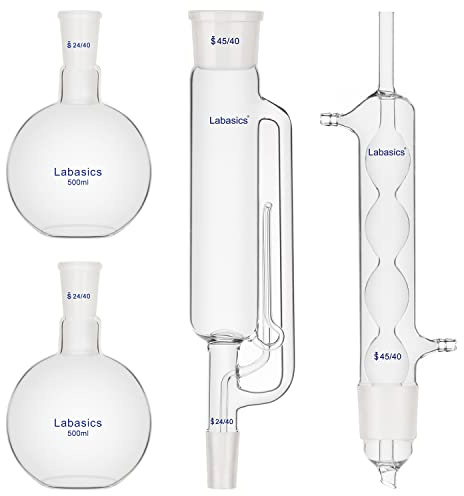Labasics 500 ml Soxhlet Type Extraction Apparatus, Borosilicate Glass 45/40 Soxhlet Extractor with Allihn Condenser and 2x 500 ml Flat Bottom Flasks with 24/40 Joint, Complete Unit, 4 Pack