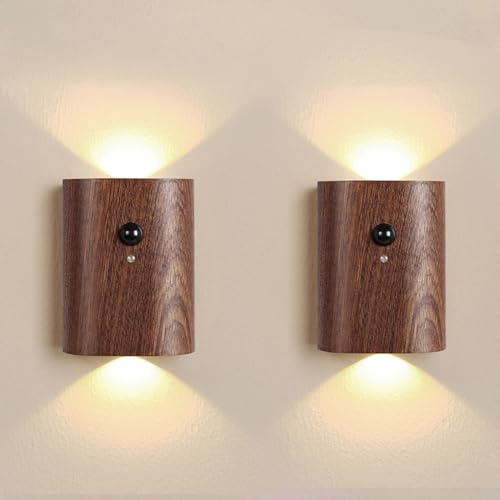 LANDGOO Smart Night Light Step Lights 2 Pack - Rechargeable Motion Sensor Stair Lights, 2700K Warm White LED, Walnut Wood for Hallway & Bedroom Safety