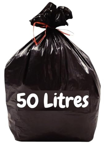Sac Poubelle 50l | 100 Sacs Poubelles Noirs PE (2 Rouleaux de 50 Sacs) | Résistant et Etanche (14 µ) | Poubelles Cuisine - Bureau | Fermeture Lien à Nouer | 100% Recyclable