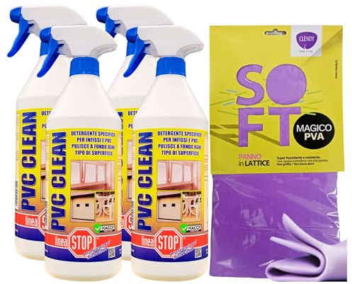SET: 4x Detergente Spray PVC CLEAN, Specifico Per Infissi e Pvc. Pulisce a Fondo Ogni Tipo Di Superficie 750ml + Panno In Lattice SOFT, Formato 30x30