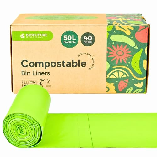 Biofuture Sacs poubelle biodégradables de 50 L, sacs poubelle compostables pour déchets alimentaires et recyclage, certifiés EN13432 (40 sacs, 50 l)