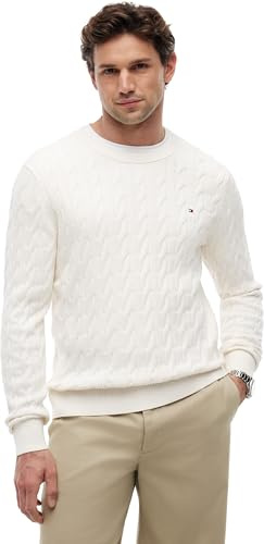 Tommy Hilfiger Pull Classique en Coton torsadé à col Rond pour Homme MW0MW33132 - Jaune - Taille L, Jaune (Pétale Ivoire), L
