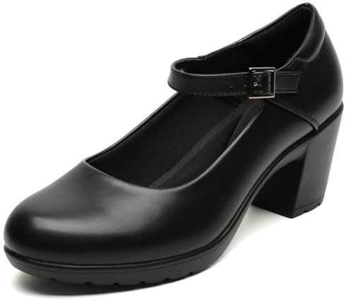 Womens Mary Jane Dress Shoes Chunky Low Block Heels 7CM Closed Toe Work Platform Pumps Dressy Orthopedic for Business Flight Wedding Office Ankle Strap Leather Casual Comfort with Arch Support