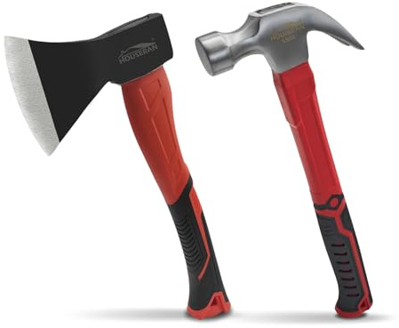 HOUSERAN Set de Hacha de Madera y Martillo de Gancho 24 oz, Kit Resistente 2 Piezas para Acampada, Partición Madera, Demolición, DIY, Acero Forjado con Manejadores Anti-Impacto