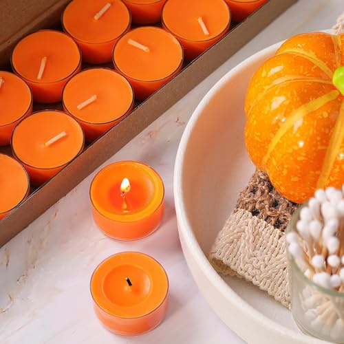 Pumpkin Cinnamon Scented Tealight Candles – 14 Pack, 100% Pure Palm Wax, 6-Hour Burn, Tea Lights for Cozy Ambiance, Halloween Christmas, Romantic Settings, Clean Burn & Smokeless