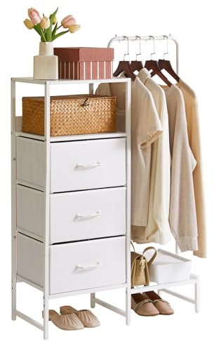 Aibiju Cómoda de Tela para Dormitorio, Cajoneras Armario con 3 Cajones, Perchero Reversible para Pasillo, Entrada, Dormitorio y Sala de Estar, Blanco YD-TM081W