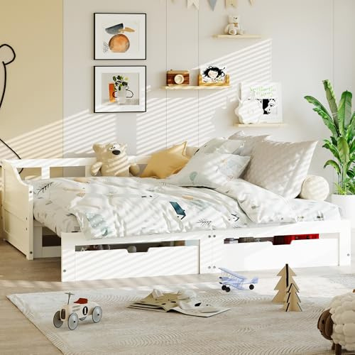 TDRTRD Barnsäng, utdragbar enkel- och dubbelsäng, 90/180 x 200 cm, barnsängar i trä med 2 lådor för flickor och pojkar, utdragbar bäddsoffa med ribbotten, utan madrass, vit