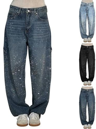 MJGkhiy Jeans Donna Baggy con Brillantini Vita Alta Pantaloni Denim con Strass Vintage Larghi Pantalone Glitter Comodi Gamba Larga Jeans Trousers Wide Leg Fit