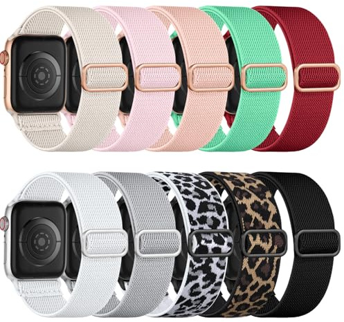 Maledan 10-pack elastiska armband, kompatibla med Apple Watch-armband, 40 mm, 41 mm, 38 mm, 42 mm, 44 mm, 45 mm, 46 mm, 49 mm, stretchig nylonrem för iWatch serie 11 10 9 8 7 6 5