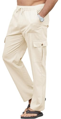 YloveM Pantalon Lino Hombre Largos con CordóN Casual AlgodóN Pantalones Hombre Cargo Verano Bolsillos Sueltos PantalóN Lino Hombre Verano con Cintura EláStica Playa Caqui XL