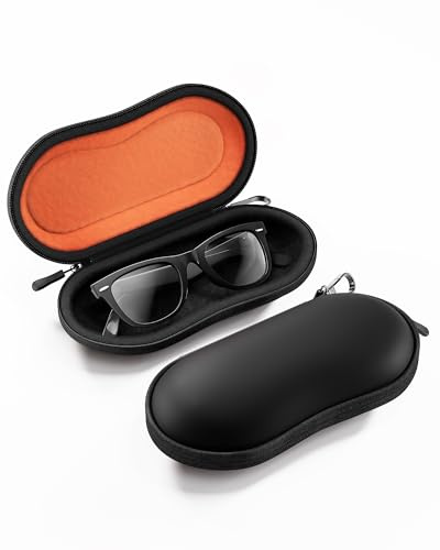 ProCase Étui Lunettes Rigide Antichoc EVA, Boîte à Lunettes de Soleil Légère avec Fermeture Zippée, Mousqueton et Accessoires, Modèle Unisexe -Noir