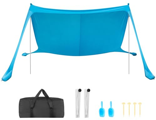 VEVOR Tente de Plage de 3,4x3,4x2 m, Abri Soleil UPF50+, Pare-Soleil Extérieur pour Plage Parc Camping et Pêche, Auvent Protection UV avec Sacs de Sable, Poteaux de Soutien et Pelles à Sable, Bleu