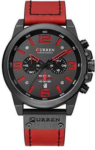 CURREN Herrenuhren, Militär-Uhren für Herren, Lederarmband, analog, Quarz, Chronograph, Datumsanzeige, Sportuhr für Herren, Rot/Ausflug, einfarbig (Getaway Solids), Chronograph, Quarz-Uhrwerk