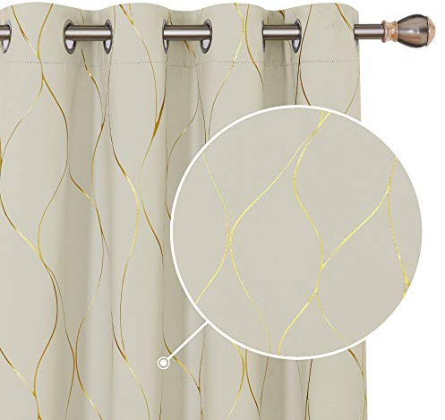 Deconovo Room Darkening Curtains, Eyelet Thermal Insulated Gold Wave Foil Printed Curtains for Kids Bedroom, 46 x 72 Inch (Width x Length), Beige, One Pair