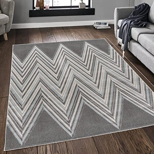 Mynes Home - Webteppich Kurzflor Grau Silber Blau Wohnzimmer Teppiche - Geometrisch Abstrakte Nordisch Muster, Größe: 120x170 cm